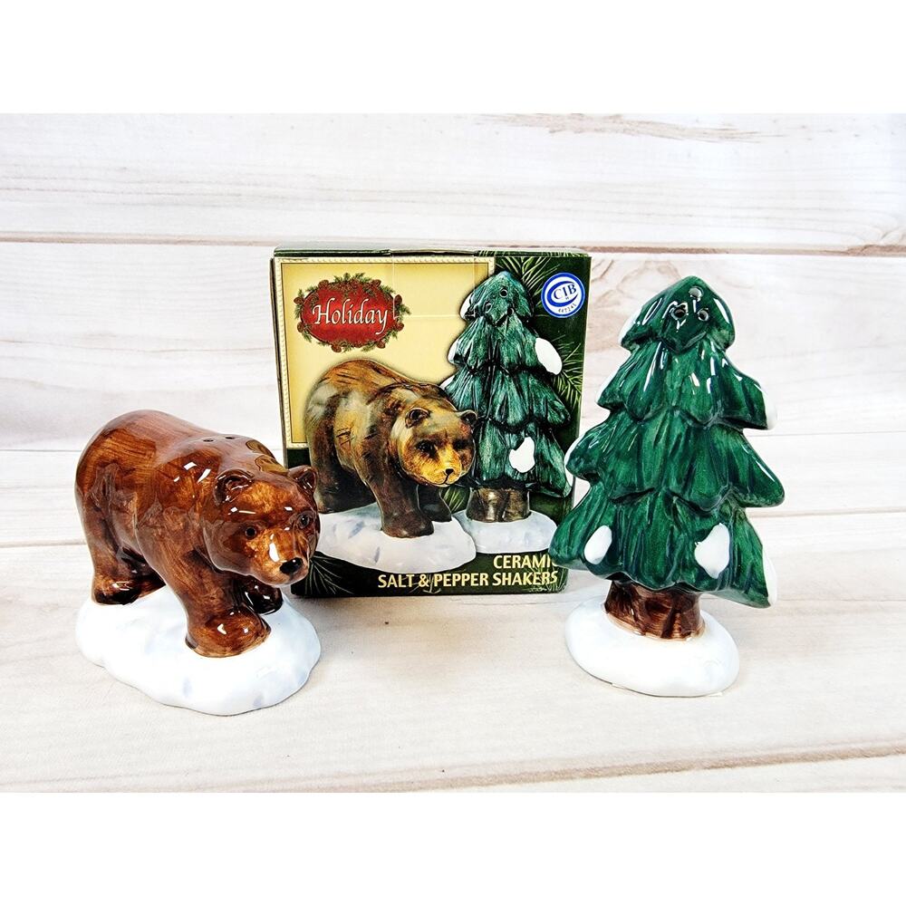 Vintage Holiday Tree & Bear 2-piece Salt & Pepper Shakers Set Christmas Ceramic